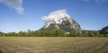 Field, mountain range Grimming in the morning light, panoramic view, near Irdning, Styria, Austria,