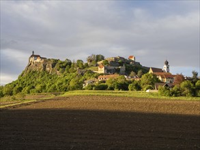 Farmland, Riegersburg Castle in the background, near Riegersburg, Styria, Austria, Europe