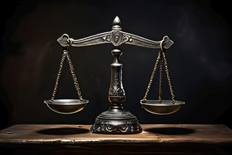 Old rustic balanced scales representing justice and law, AI generated