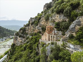 St . Michael's Church, Byzantine church in Berat from a drone, Osum River, Albania, Europe