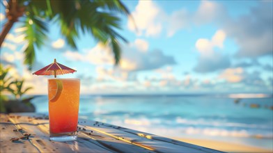 Tropical fruit cocktail adorned with an umbrella, set against the backdrop of a sunny beach, AI
