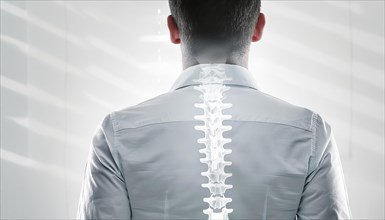 X-ray image of a man from behind with visible spine and light rays on his shirt, AI generated, AI