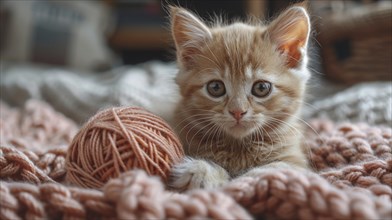 An orange-furred kitten looks curious while playing with a pink yarn ball on a soft blanket, AI