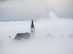 Church rises out of the morning mist, Frauenberg pilgrimage church, near Leibnitz, Styria, Austria,