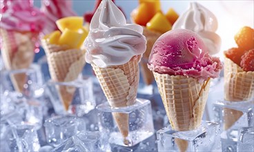 A row of ice cream cones with different flavors, AI generated