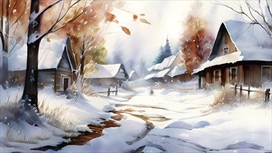 Watercolor depiction of a village in winter blanketed with the first fallen snow, AI generated