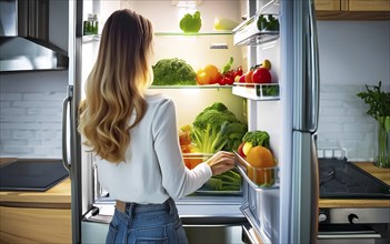 A young woman stands in front of the open fridge with lots of vegetables in it, healthy eating, AI