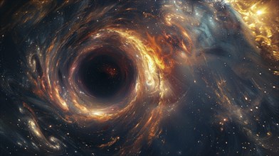 A black hole with bright cosmic gases swirling around it, creating a glowing effect, AI generated