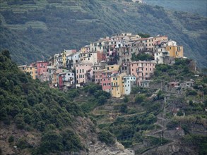 A mountain village with colourful houses nestled in green terraces and nature, Bari, Italy, Europe