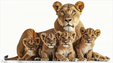 Lioness sits proudly with four cubs, representing strength, unity, and familial bond, AI generated
