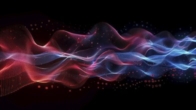 Colorful abstract digital art with flowing waves in blue and red on a black background, AI
