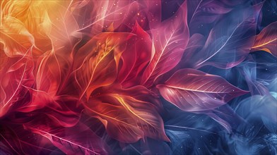 Abstract digital art with vibrant red, orange, purple, and blue leaves on a dark background, AI