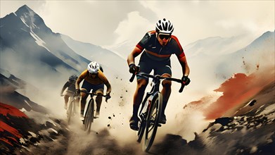 Vintage grungy poster of cyclists with mountains in background, AI generated