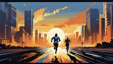 Vintage grungy poster of marathon runners with cityscape skyline background, AI generated