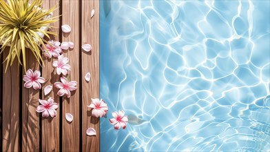 A wooden deck with pink Plumeria flowers by a pool. Summer Concept, IA generated, AI generated