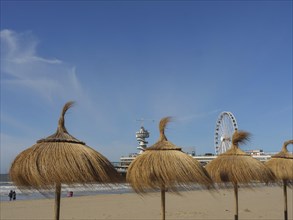 Beach with thatched huts and Ferris wheel under a clear sky, parasols and a pier on the beach of