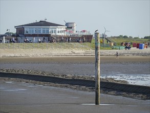 A pole on the beach with water in front of it, in the background a modern building and beach
