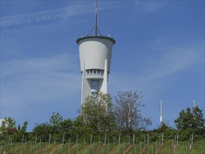 A white water tower rises above vineyards under a clear blue sky, green vines on a hillside with