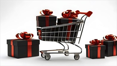 Black friday shopping cart brimming with black gift boxes tied with red ribbons against a white