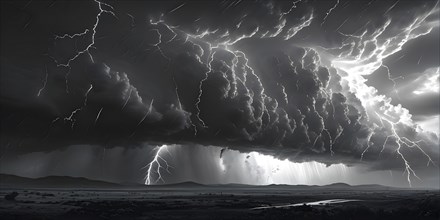 Illustration of a apocalyptic thunderstorm with end of the world scenario featuring lightning