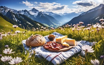 Snack, picnic on a wildflower meadow in the mountains, AI generated, AI generated
