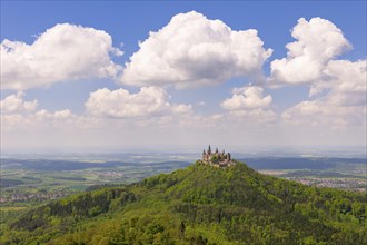 Hohenzollern Castle near Hechingen, blue cloudy sky, Zollernalbkreis, Swabian Alb,