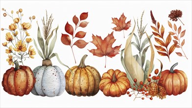Watercolor illustration of pumpkins, autumn leaves, flowers, corn, and berries in warm autumn