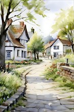 Watercolor depiction of a village in spring with blooming flower, AI generated