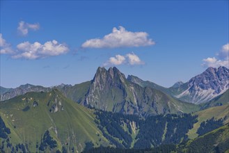 Panorama from Wildengundkopf, 2238m to Hoefats 2259m, Allgaeu Alps, Allgaeu, Bavaria, Germany,