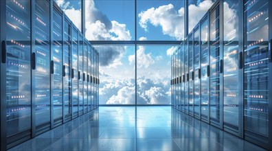 Cloud services concept and server farm supporting cloud applications for enterprise clients, AI