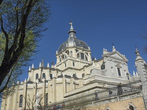 Large church with dome and trees in the foreground against a blue sky, Madrid, Spain, Europe