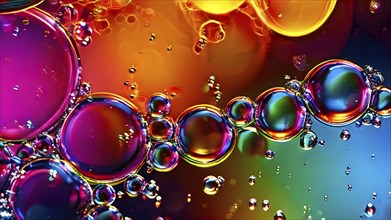Iridescent bubbles and liquid droplets contained within glistening with an oil like sheen floating,