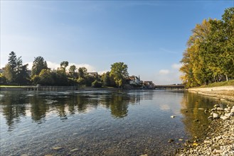 View from the banks of the Rhine near Gailingen to Diessenhofen with the historic wooden bridge,