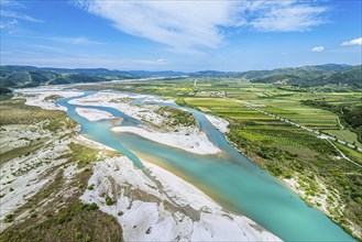 Fields over Vjosa Wild River National Park from a drone, Albania, Europe