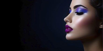 Side view portrait of a woman with magenta lips and magenta eye shadow, AI generated