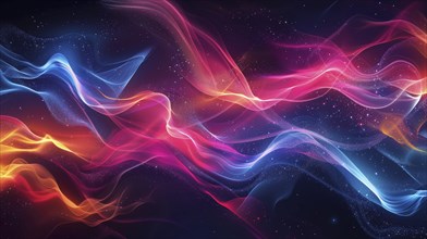 Abstract digital artwork with vibrant color waves in blue, pink, red, and orange on a dark