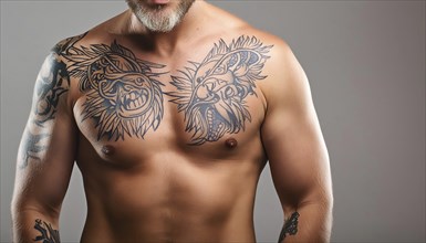 Man with muscular upper body and large tribal tattoos on chest and arm, AI generated, AI generated