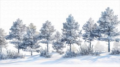 Row of snowy pine trees in a serene winter landscape, depicted in a calm and cold watercolor style,