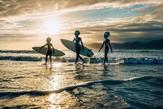 Aliens, three surfers go into the sea with their boards at sunset, AI generated, AI generated