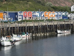 Colourful houses at the harbour with boats, water and a green hill in the background, Heligoland,