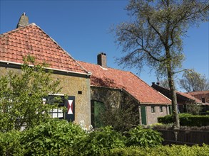Traditional houses with red tiled roofs in a well-tended garden with flowering trees under a clear