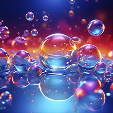 Iridescent bubbles and liquid droplets contained within glistening with an oil like sheen floating,