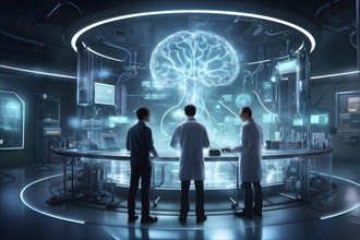 Scientists collaborating in a futuristic lab developing artificial intelligence, AI generated