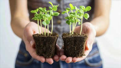 Two hands holding small seedlings in soil, signifying growth and nurturing
