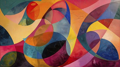 Abstract painting featuring geometric shapes and vibrant colors including reds, yellows, and blues,