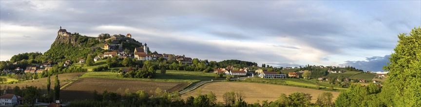Farmland, Riegersburg Castle in the background, panoramic view, near Riegersburg, Styria, Austria,