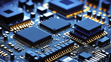 Close-up of a printed circuit board with microchip processor CPU, various electronic components and