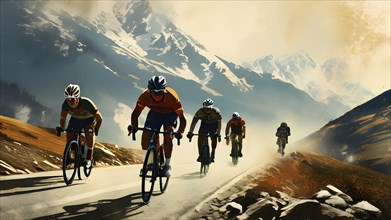 Vintage grungy poster of cyclists with mountains in background, AI generated
