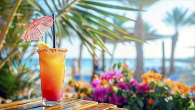 Tropical fruit cocktail decorated with an umbrella against the background of a sunny beach, AI