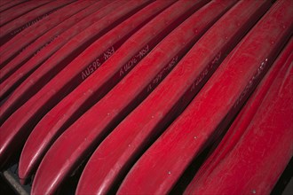 Canoes, red, lying on the beach, Leipzig city harbour, Saxony, Germany, Europe